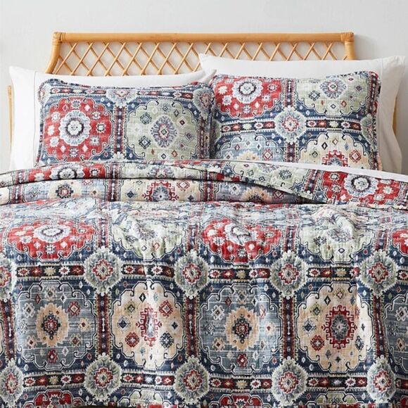 NEW! Gorgeous Batik Style Bohemian Print Muted Block Oversized QUEEN Quilt Set - Picture 7 of 8